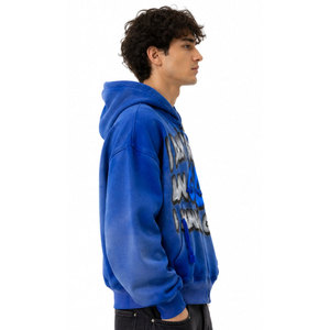 Sweat à capuche bleu oversize zippé pour homme, style streetwear, en coton French Terry, avec imprimé lettres sur le devant, idéal pour l'automne - Product Image 5