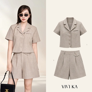 Conjunto de 2 Piezas para Mujer, Color Beige, Poliéster, Blazer de Manga Corta con Cuello de Solapa, Top Corto, Shorts por Encima de la Rodilla, Estilo Casual ZELDA - Product Image 1