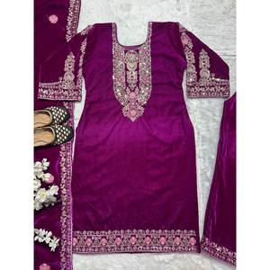 Conjunto de Top y Pantalón Morado de Diseñador Maruti con Dupatta para Vestidos de Fiesta, Talla L - Product Image 1