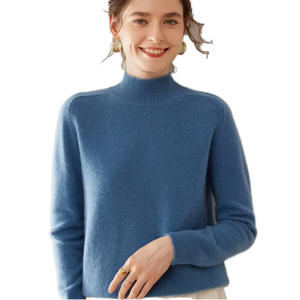 Pull col roulé en cachemire bleu pour femme, manches longues, élégant, tricot uni, anti-boulochage, 18 GG, idéal pour l'automne - Product Image 1