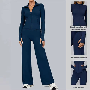 Ensemble de yoga 2 pièces pour femmes avec veste zippée imprimée, leggings amples taille haute, respirant, vêtements de sport pour femmes, vente en gros - Product Image 2