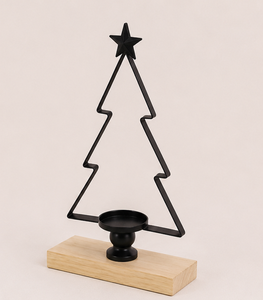 Antique Christmas Decoration Tea Light Candle Holder Premium Iron <b>Stand</b> With Wooden Base Featuring Christmas <b>Tree</b> Design Holder - Product Image 3