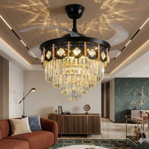 Ventilateur de plafond moderne à pales rétractables avec lustre en cristal de luxe et luminaire suspendu LED doré pour salon et chambre à coucher - Product Image 2