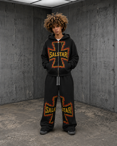Ensemble de survêtement unisexe SALSTAR noir avec sweat à capuche zippé et pantalon de jogging, style streetwear, coupe ample, en coton, pour l'automne et l'hiver - Product Image 1