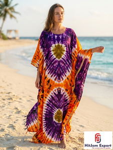 Vestido Kaftán Tie Dye para Mujer, Cuello Redondo, Holgado, Largo hasta el Suelo, Manga Corta, Estilo Bohemio, para Playa, Verano, con Borlas, Chifón, 100% Poliéster, OEM, ODM - Product Image 2