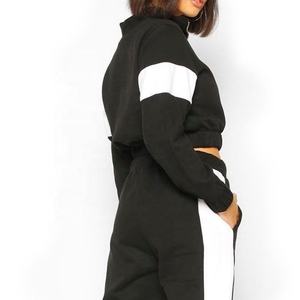 <b>Women's</b> Black <b>White</b> Color Block Crop Top Tracksuit Set Full Sleeve Hooded Sporty <b>Joggers</b> Ankle Length Fleece Breathable Loose - Product Image 3