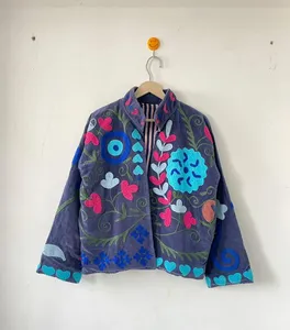 Veste en velours violet pour femme, style bohème, col montant, broderie florale, manches longues, vêtement d'extérieur pour le printemps - Product Image 1