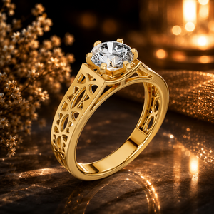 Anillo de Diamantes Solitario con Filigrana Vintage en Oro Amarillo – Elegante Anillo de Compromiso con Banda Calada para Mujer, Joyería de Lujo - Product Image 1