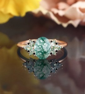 Luxury Oval Cut Moss Agate Prong Set <b>Silver</b> Engagement & Wedding <b>Ring</b> for Women/Unisex Nature Inspired Design Party Ready - Product Image 1