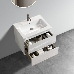Mobile Bagno Sospeso Bianco Lucido da 24 Pollici con Ampio Spazio di Stoccaggio, Lavabo in Ceramica e Un Foro per Rubinetto, Design Flottante - Product Image 5
