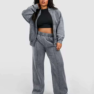 Ensemble de survêtement décontracté pour femme, effet délavé, avec sweat à capuche et pantalon de jogging, deux pièces, tenue de sport et de gym, style urbain - Product Image 1