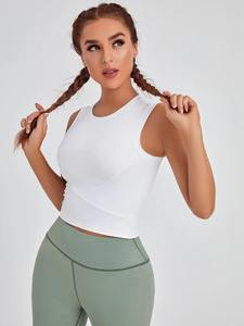 Débardeur court décontracté sans manches à col rond pour femme, couleur unie, tricoté, respirant, avec logo frontal, idéal pour la gym - Product Image 4