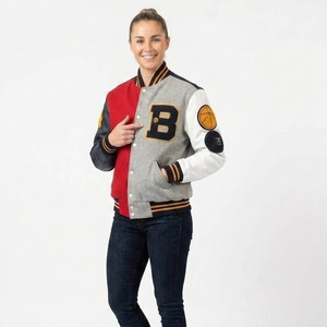 Men's Color Block Varsity <b>Jacket</b> With Embroidered B Logo And Patch Designs Preppy Style Autumn Wear - Product Image 4