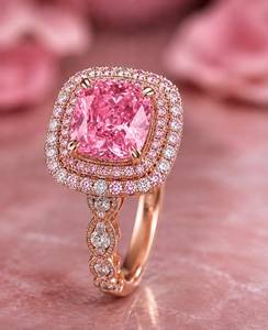<b>Pink</b> Cushion Cut Halo Engagement Ring 14K Gold Plated Lab Grown Diamond IGI Certified Luxury Wedding Band Resizable Gift Women's - Product Image 3