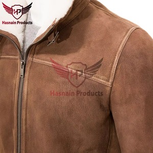 Mens Real Brown <b>Suede</b> <b>Leather</b> <b>Jacket</b> Shearling Aviator Coat Faux Fur Collar Winter Warm Fleece Custom Classic Outerwear - Product Image 3
