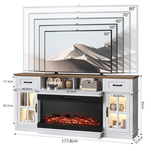 Meuble TV pour foyer de 36 pouces avec dessus brun et armoire blanche délavée, 2 portes, 2 tiroirs, 1 étagère, lumières RGB, console multimédia - Product Image 5