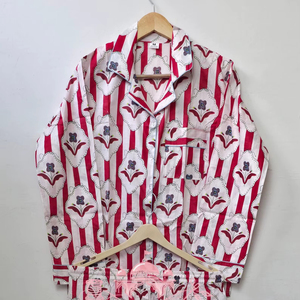 Handcrafted Indian Cotton Summer Pajama Set Button-<b>Down</b> Long-Sleeved Top Elasticated High-Waist Trousers Quick Dry Breathable - Product Image 1