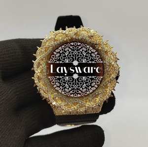 Laysware Iced VVS Moissanite <b>Watch</b> Golden Thorn Bezel Orange Dial <b>Black</b> Rubber Strap 20BAR Water Resistance Hip Hop - Product Image 1
