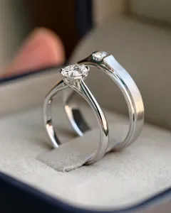 925 Sterling Silver <b>Couple</b> <b>Ring</b> Set with Oval Cut Solitaire Engagement <b>Ring</b> & Men's Diamond Wedding Band - Product Image 2