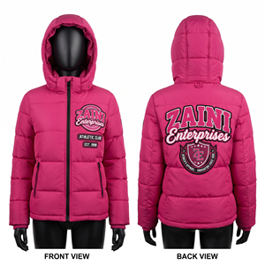 Women Puffer <b>Jacket</b> 190 GSM Polyester Taslon Hooded Dark <b>Pink</b> Quilted Panel Custom Chenille Embroidery Patch Logo OEM ODM - Product Image 1