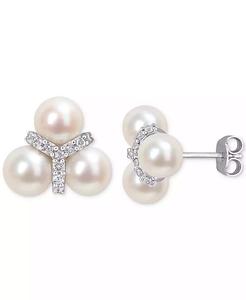 Perle d'eau douce de culture (6-6-1/2mm) & topaze blanche (1/5 ct. T. w.) Clous d'oreilles Trio Cluster en argent sterling | Macy's - Product Image 1