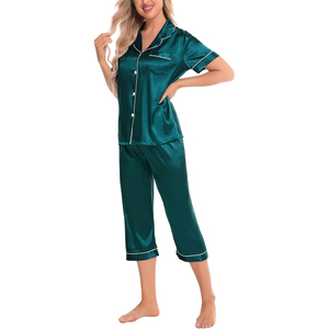 Women's <b>Emerald</b> Green Satin Pajama Set Short Sleeve Button Front Elegant Sleepwear Mid Rise Calf Length Pants Smooth Finish - Product Image 1