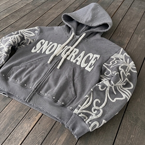 Sudadera con Capucha y Cierre de Cremallera Snowgrace Gris, Estampado Floral, Corte Regular, Ropa Casual de Invierno para Hombre - Product Image 5