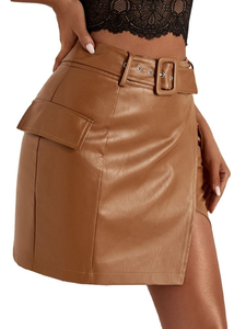 New Style Women Sexy <b>Brown</b> Genuine Leather Breathable Mini <b>Pencil</b> <b>Skirt</b> Ripped Regular Waistline Casual Club Wear Solid Color - Product Image 4