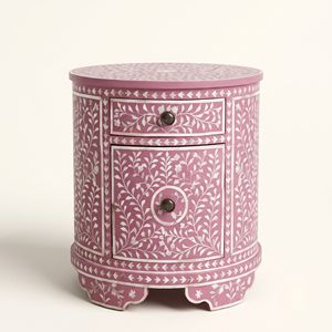 Élégante table de chevet ronde rose nacré à un tiroir, mosaïque florale, faite à la main, avec incrustations, de luxe - Product Image 1