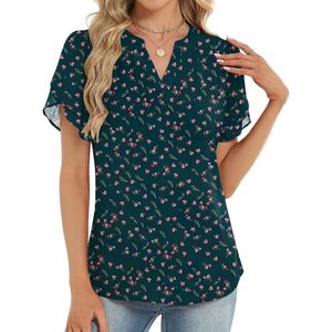 Custom Short <b>Flutter</b> <b>Sleeve</b> Women Chiffon <b>Top</b> Premium Lightweight Flowy Polyester Maroon Floral V Neck T-Shirts - Product Image 4
