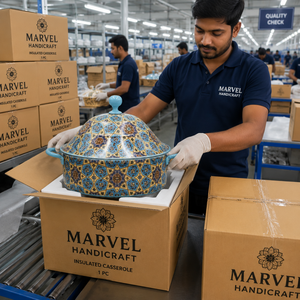 <b>Marvel</b> Handicrafts Premium Blue Geometric <b>Printed</b> Stainless Steel Insulated Casserole Hot Pot Food Warmer Serving Bowl Kitchen - Product Image 4