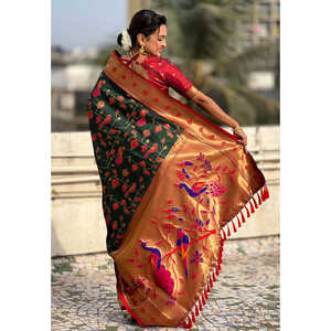 Vestidos de Noche Elite Weaves, Sari Tejido en Seda Paithani Jaal Verde Botella con Zari - Product Image 4