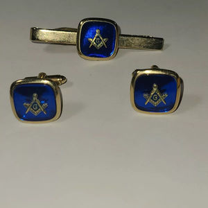 High Quality Customized <b>Vintage</b> Masonic Blue Enamel Gold Tone Cufflinks <b>Tie</b> Clips Master Mason Regalia Set Fashion Accessory - Product Image 1