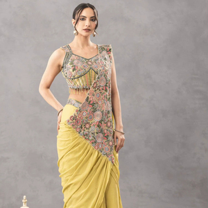 Sari Drapeado de Diseñador para Mujer, Amarillo, con Blusa Bordada, Estilo Indo-Occidental, Largo hasta el Suelo, de Secado Rápido, para Todas las Temporadas, Fiestas y Graduaciones - Product Image 1