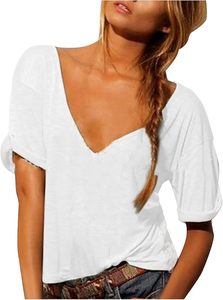Camisetas de Manga Corta para Mujer, Lisas, Tejidas, Sólidas, Cuello en V, Holgadas, Deportivas, 100% Algodón, Alta Calidad - Product Image 1