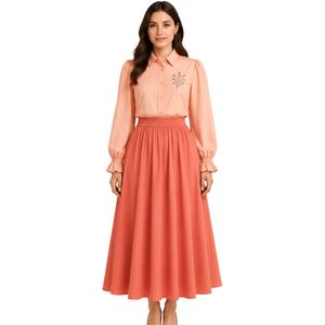 <b>Peach</b> Women Embroidered Blouse Maxi Skirt Set Long Sleeve Button Up Shirt High Waist Modest Two Piece Casual Fashion Outfit OEM - Product Image 1