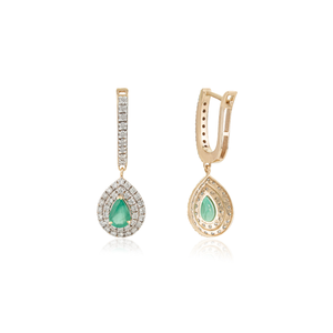 High End Custom Design 14K Pure Yellow Gold Emerald & Diamond Letch <b>Back</b> Double Cluster Hoop Drop <b>Earrings</b> Wedding Jewelry - Product Image 5