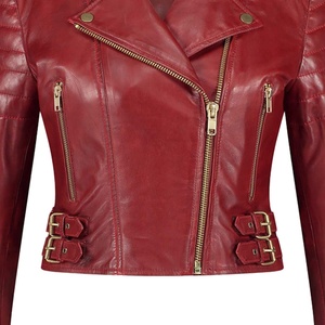 Blouson de motard en cuir véritable rouge pour femme, style universitaire, coupe courte, avec double boucle et épaulettes rembourrées, OEM - Product Image 5