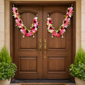 Paire de Torans Floraux Artificiels Rose Blanc Rouge avec Pompons de Perles – Décoration Moderne Écologique en Plastique pour la Maison - Product Image 1