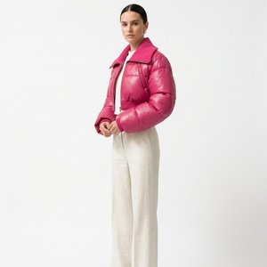 Chaqueta sin mangas para mujer, morada brillante, con burbujas térmicas, impermeable, ecológica, de PVC, con cuello vuelto y cierre de cremallera, para invierno, color liso. - Product Image 5