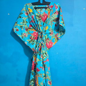 Vestido Kaftán Ecológico 100% Algodón de la India para Mujer, Cintura Natural, Estampado de Pájaros Turquesa, Suave, Holgado, Verano, Cierre Elástico en la Cintura - Product Image 1