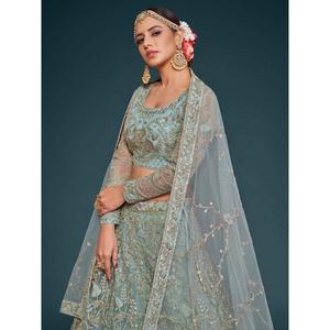 Fetching Aqua Blue Embroidered Soft <b>Net</b> Lehenga Choli With Dupatta - Product Image 4