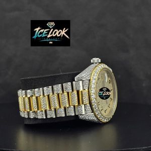 Montre mécanique Ice Look bicolore avec bracelet en cristal et affichage de la date, style bijou - Product Image 2