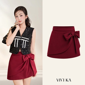 Women's Feminine <b>Red</b> High Waist Wrap Skort Built In Shorts Side Bow Detail Tailored <b>Mini</b> <b>Skirt</b> Polyester Spandex CAMILLE - Product Image 1