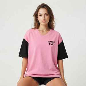 Camiseta Oversize de Mujer con Bloques de Color Rosa y Negro, Cuello en V, Ajuste Holgado, Manga Corta, de Algodón Jersey, Primavera Verano - Product Image 5