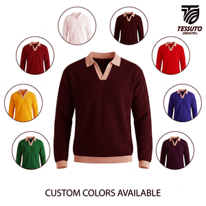 เสื้อโปโลถักแขนยาวผู้ชายสั่งทำพิเศษ ขายส่ง สีแดงเบอร์กันดี คอเสื้อตัดกัน เสื้อโปโลคอวีแบบสวม ผู้ผลิต OEM ODM - Product Image 4