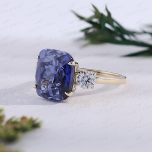 Vintage Blue Cushion <b>Ring</b> Brilliant Round Accent Gold 3 Stone Cocktail <b>Ring</b> Anniversary Jewelry - Product Image 2