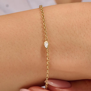 Pulsera de Oro Real de 14K con Diamante de Laboratorio en Forma de Pera de 4x2 mm, Diseño Minimalista con Bisel, Cadena y Eslabones, Regalo de Aniversario - Product Image 1