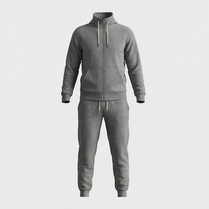 Ensemble de survêtement gris à capuche pour homme, fermeture éclair intégrale, couleur unie, sweat-shirt et pantalon de jogging décontractés, coupe régulière, coton mi-lourd, idéal pour l'automne - Product Image 1