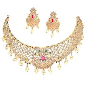 Gold Plated Zinc Alloy Ruby Imitation Pearl Flower Design Necklace Earring Set Ethnic Women's Wedding Jewelry Partywear - Product Image 1